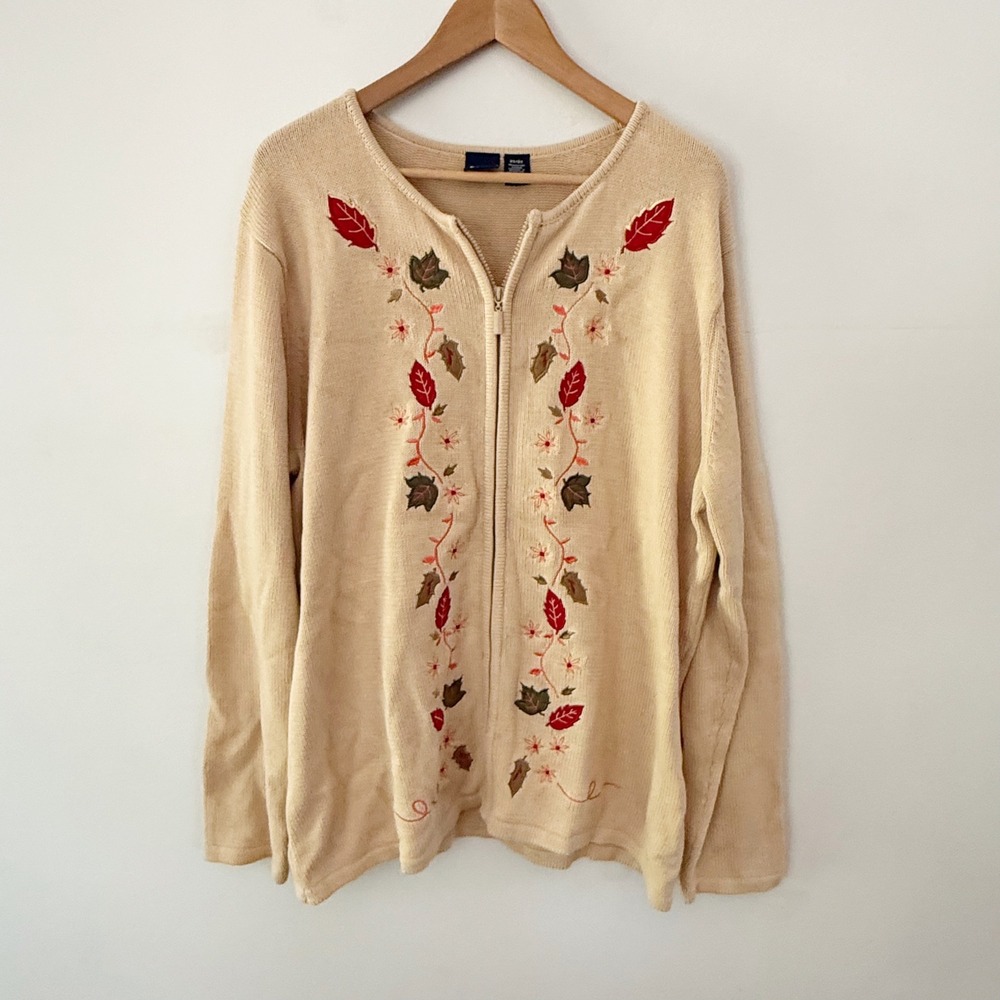 Vintage Zip Up Cardigan Womens 2X 100% Cotton Embroidered Teacher Fall Autumn